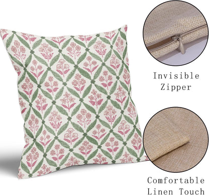 Blue Green Floral Block Print Pillow Covers 12X20 Set of 2, Flower Pattern Spring Summer Print Decorative Throw Pillow Covers Outdoor Farmhouse Seasonal Cushion Case Couch Sofa Bed Decor