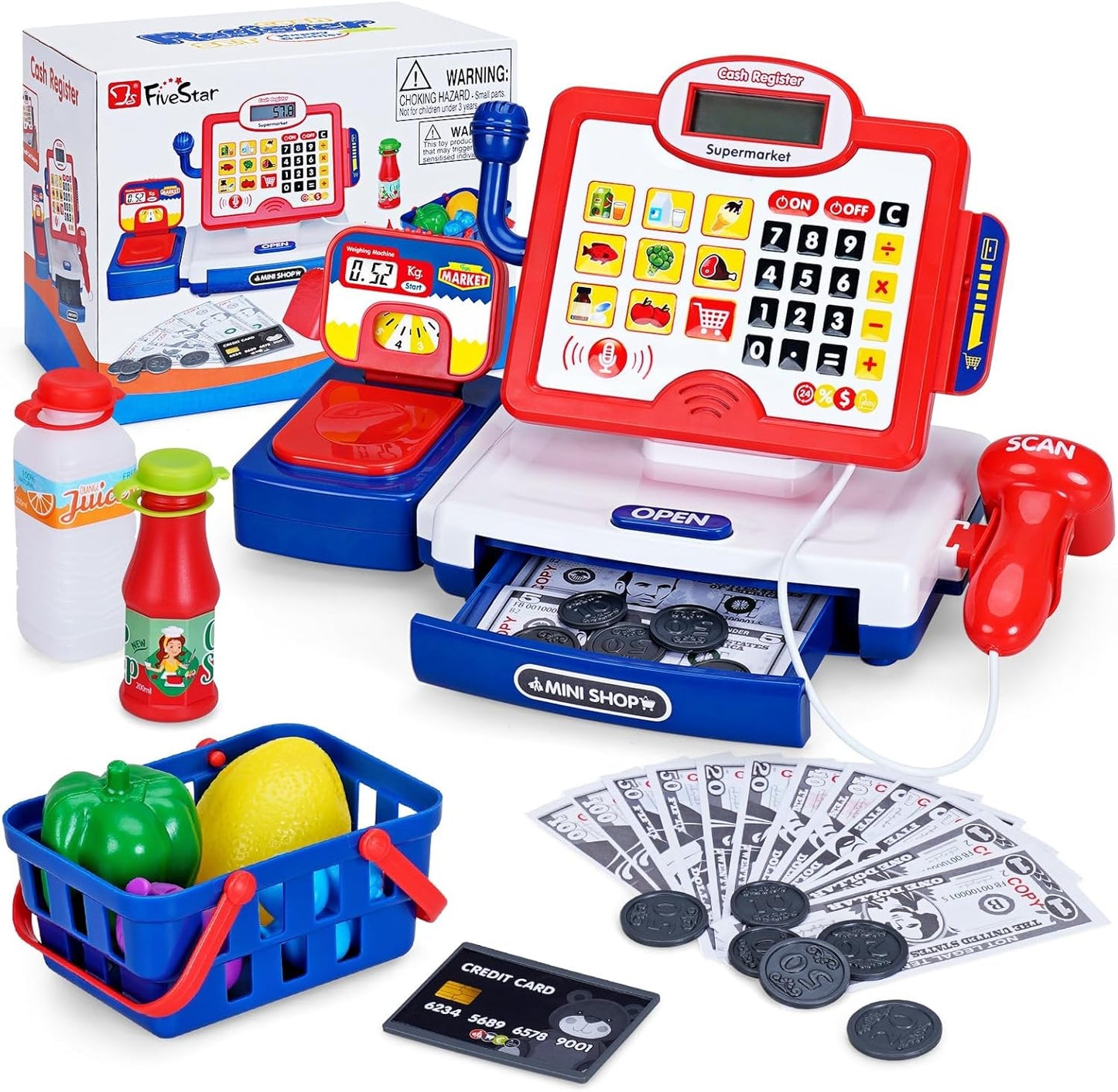 FS Pretend Play Cash Register Toy Preschool Gift for Kids, Classic Count Toy with Sound, Microphone, Scanner, Credit Card, Play Food for Boys & Girls, 57 Pieces Play Set, Ages 3 4 5 6 7, Purple