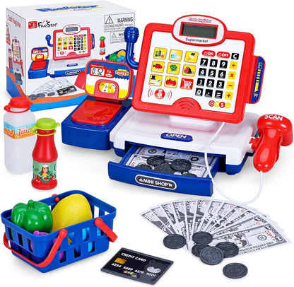 FS Pretend Play Cash Register Toy Preschool Gift for Kids, Classic Count Toy with Sound, Microphone, Scanner, Credit Card, Play Food for Boys & Girls, 57 Pieces Play Set, Ages 3 4 5 6 7, Purple