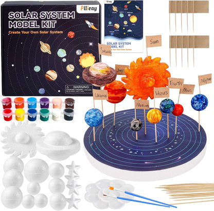 Pllieay 3D Solar System Model, Solar System Project Kit Includes Display Box, Mixed Sized Foam Balls, Color Pigments, Palette, Painting Brushes, Bamboo Sticks for Kids School Science Projects