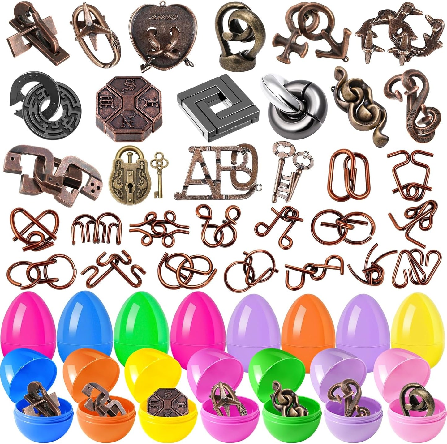 32 Pack Brain Teaser Puzzles & Colorful Easter Eggs - Challenging Metal Wire Puzzles for Kids & Adults - DIY Easter Basket Stuffers, Family Logic Games, Party Favors
