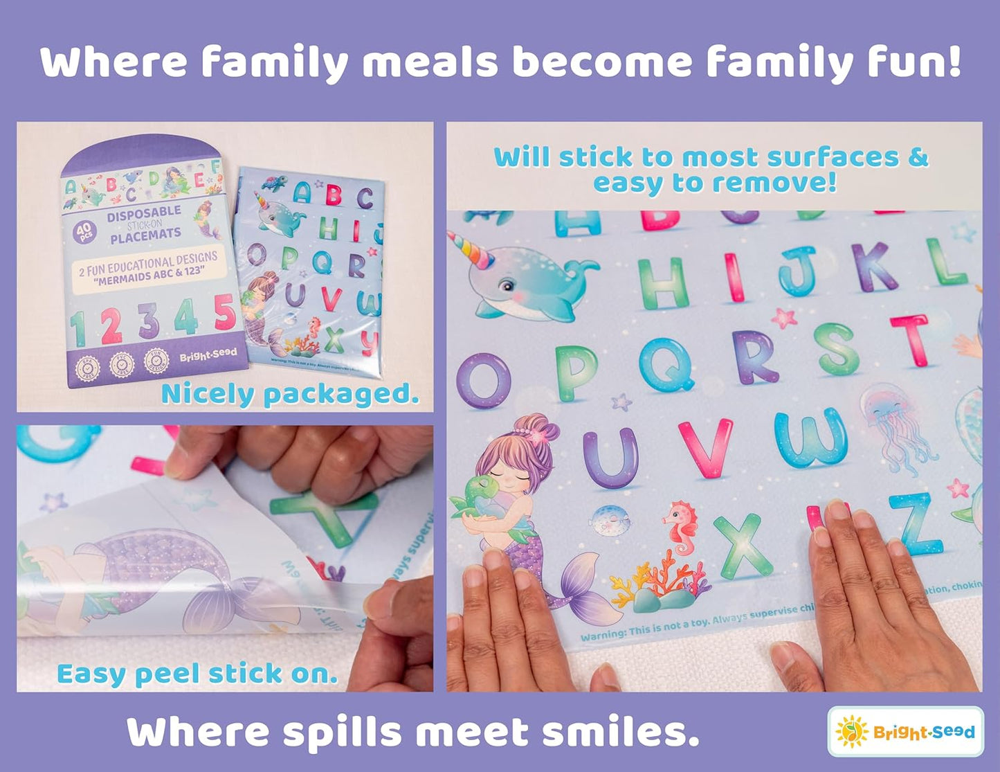 Bright Seed Disposable Placemats for Baby, Toddlers and Kids, Animals ABC & Numbers, 40 Disposable Baby mats for Restaurant, Dining Table & Travel, Learning Placemats for Kids, Toddler Travel