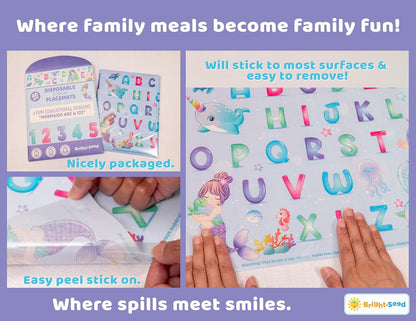 Bright Seed Disposable Placemats for Baby, Toddlers and Kids, Animals ABC & Numbers, 40 Disposable Baby mats for Restaurant, Dining Table & Travel, Learning Placemats for Kids, Toddler Travel