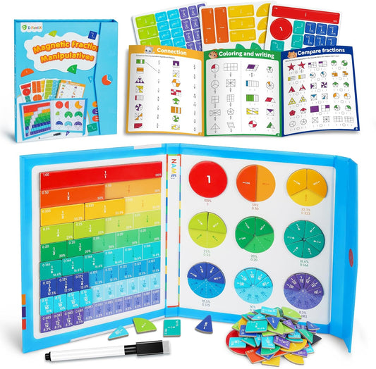 D-FantiX Magnetic Fraction Educational Puzzle, Magnetic Fraction Tiles & Fraction Circles Set, Math Manipulatives for Elementary School, Montessori Fraction Manipulatives Learning Toys for Kids