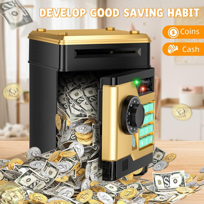 Piggy Bank, Automatic Electronic Piggy Bank for Kids Boys Girls with Password and Fingerprint Unlocking Simulation, Money Bank Kids Safe Toys for 3 4 5 6 7 8 9 10 Year Old Boy Girl (Black)