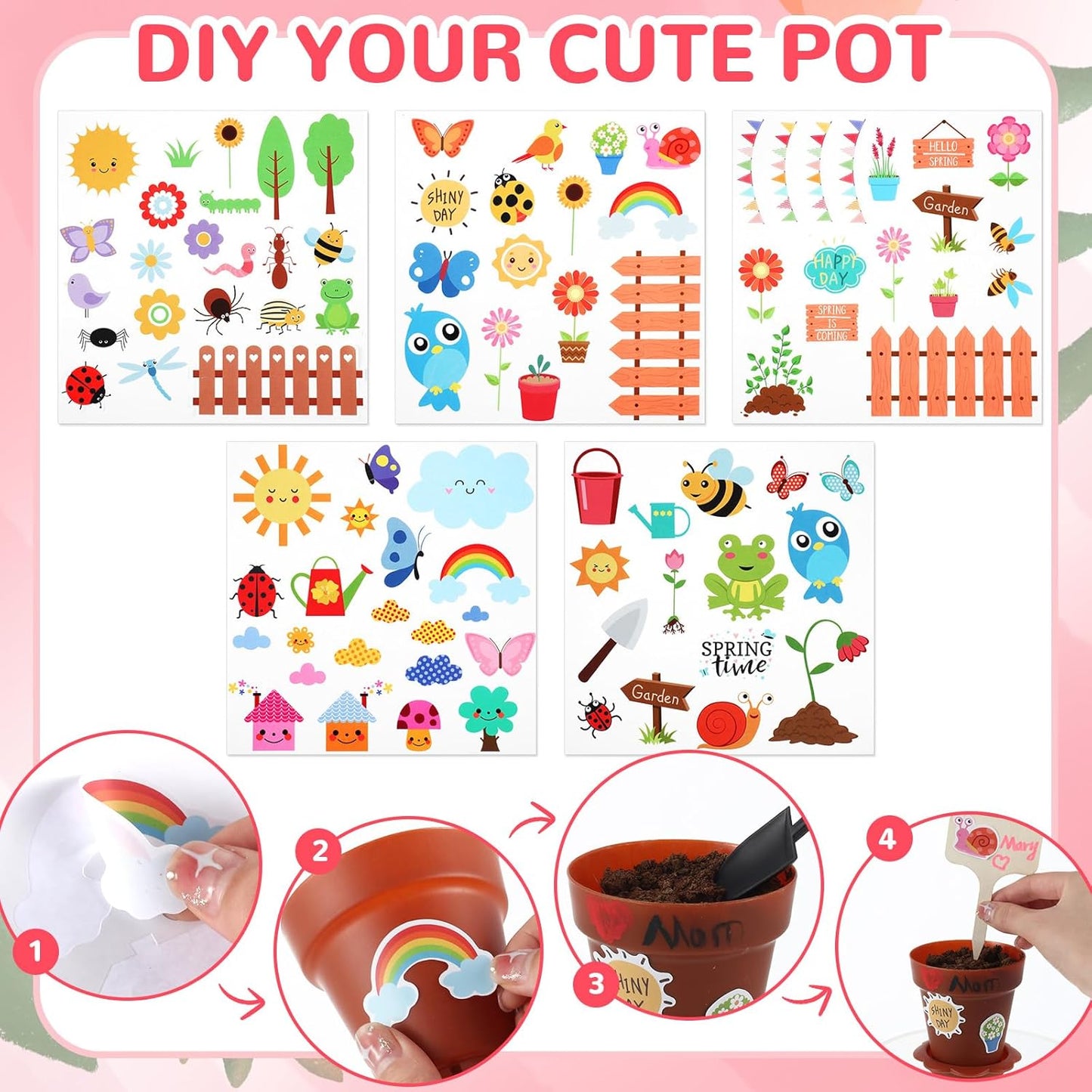 SiliFine 24 Sets Spring Kids Plant Growing Kit Flower Pots Cupcake Plant Nursery Pots Gardening Kit for Kids with Paint and Stickers Labels Name Tag for Easter Mothers Day Craft Bulk Classroom