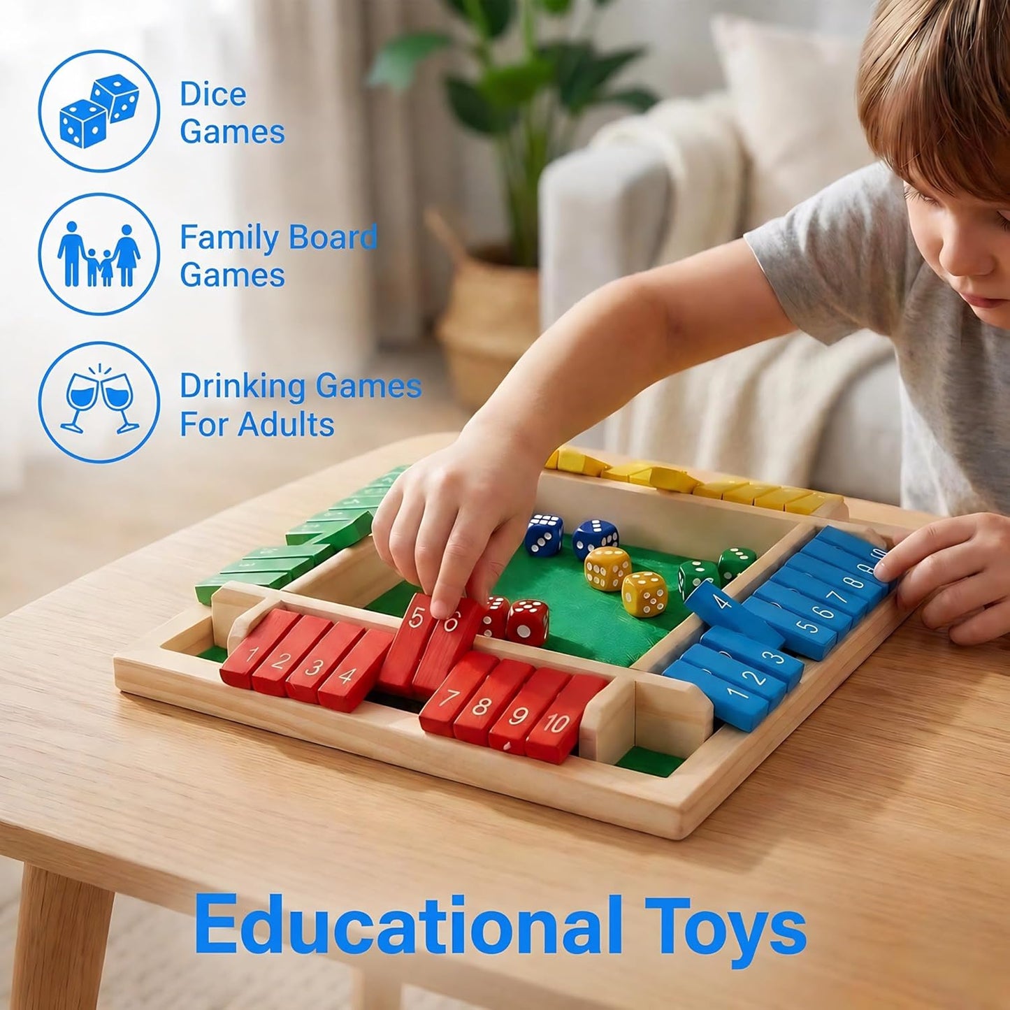 Shut The Box Game, Wooden Number Flip Board Dice Tabletop Toys for 2-4 Player, Math Educational Learning Tools for Kids Adults, Classic Pub Family Game Night Party Activity, Camping