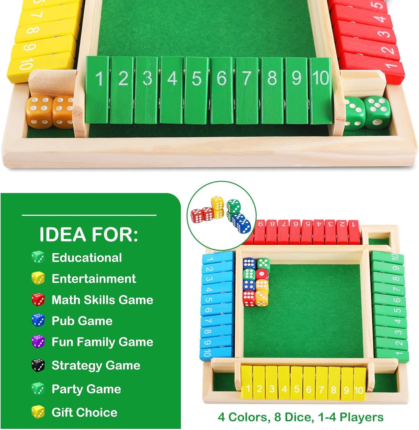 Shut The Box Game Wooden, 1-6 Players Dice Board Game for Adults and Kids, 10 Numbers Math Games - Educational and Entertaining, Classic Table Flip Blocks for Family Game Night