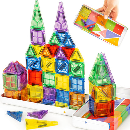cossy Mini Magnetic Tiles, 46 PCS Magnet Tiles Travel Toys with Iron Box, Travel Magnetic Tiles for Restaurant, Car & Plane Play, Toys for 3 4 5 6 7 8 Year Old Boy and Girl