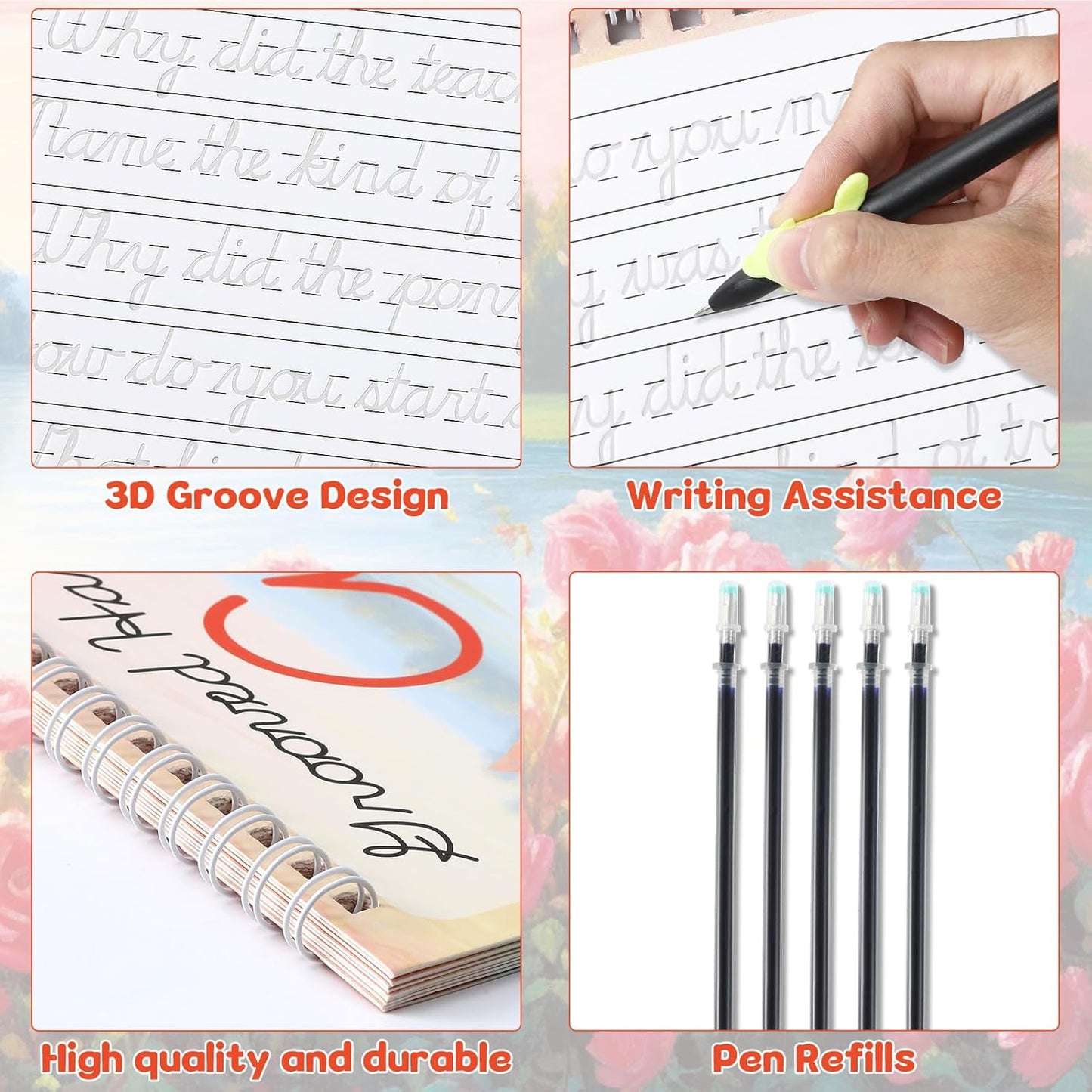 chiazllta Grooved Cursive Handwriting Workbook with Disappearing Ink Pens Magic Reusable Grooved Cursive Writing Practice for Beginners Kids Kickoff Student Workbook Homeschooling Supplies (Letters)