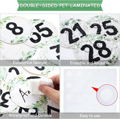 Chinco 40 Pieces Eucalyptus Laminated Numbers Cutouts for Classroom Decor - Farmhouse Circle Wood Grain Bulletin Board Accents with 40 Adhesive Glue Point Dots