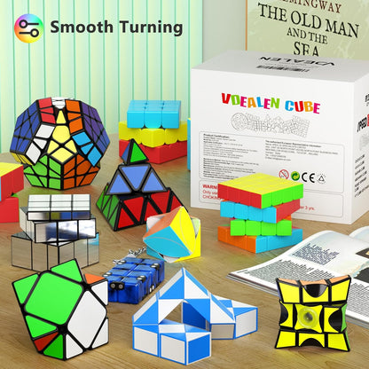 Vdealen Speed Cube Set, 7 Pack Puzzle Cube Bundle Fidget Ball 2x2 3x3 4x4 Pyramid Dodecahedron Rainbow Snake Magic Cube, Smooth Cube Game Toys Gift for Kids & Adults
