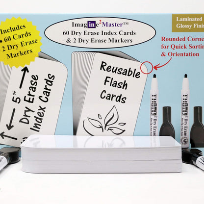 Imagine2Master 60 Blank Dry Erase Index Cards (3” X 5”). Comes with 2 Dry Erase Markers. DIY Flash Cards Great for Vocabulary, Game, Message, Notes. Glossy Laminated Finish 300 GSM Card Stock