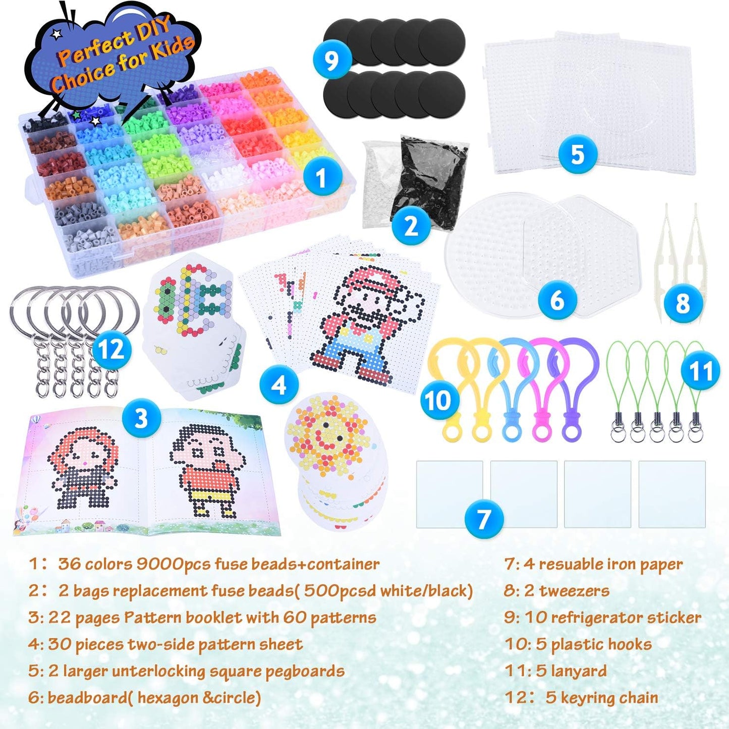 AUKUYEE Longruner 10000, 36 Colors Fuse Beads Kit 5mm DIY Art Craft Toys for Kids with 4 Pegboards, 60 30 Pattern Paper| B, 10000pcs