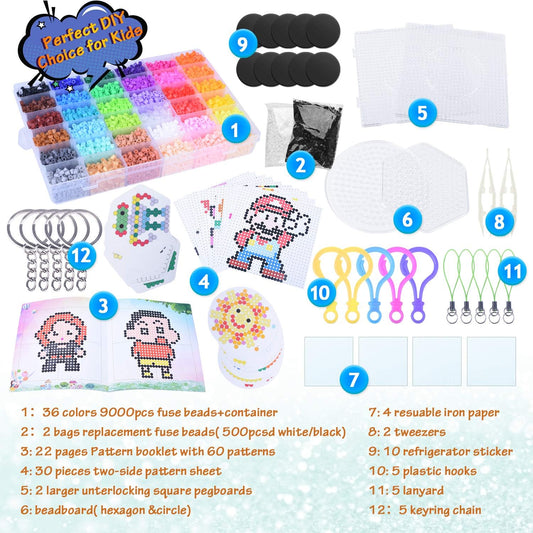 AUKUYEE Longruner 10000, 36 Colors Fuse Beads Kit 5mm DIY Art Craft Toys for Kids with 4 Pegboards, 60 30 Pattern Paper| B, 10000pcs