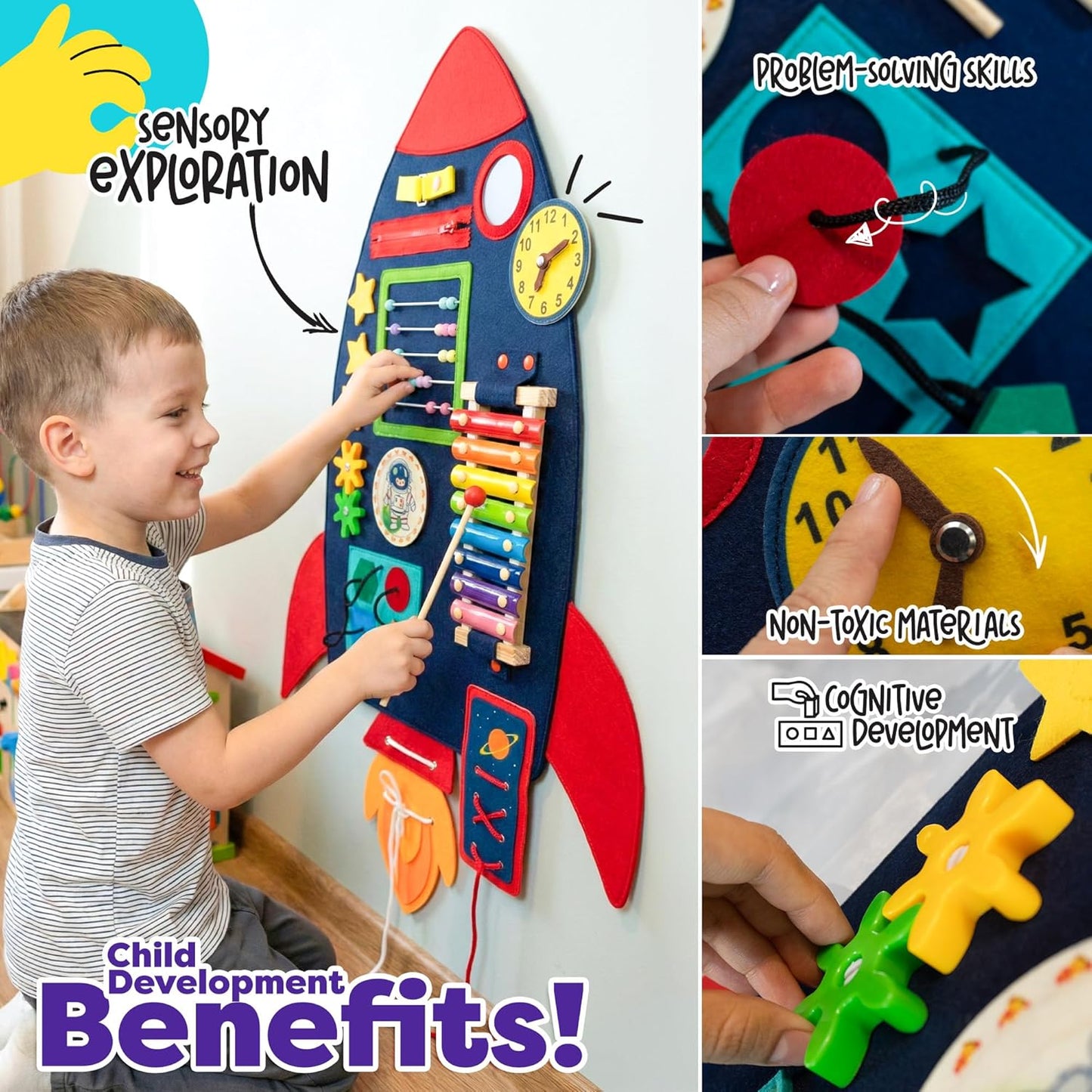 Monz Montessori Sensory Wall Busy Board for Toddlers 2-5 – Wall Mounted Interactive Activity Panel, Educational Felt Sensory Board, Preschool Learning Toy for Kids Classroom or Playroom