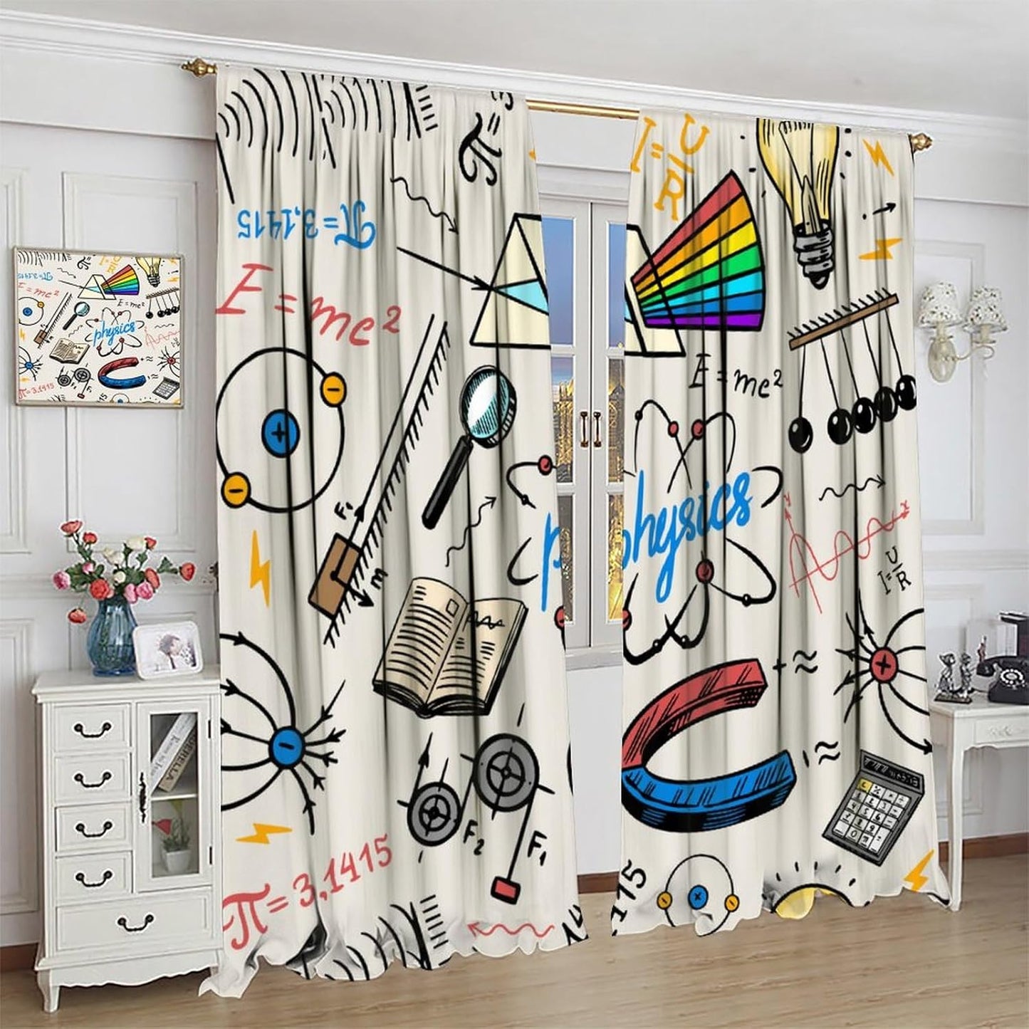 Science Physics Window Curtains, Abstract Math Chemistry Curtain Scientist Graffiti Print Window Treatments for Kids Teens Bedroom Living Room Kitchen Set 2 Panels,42x63 Inches