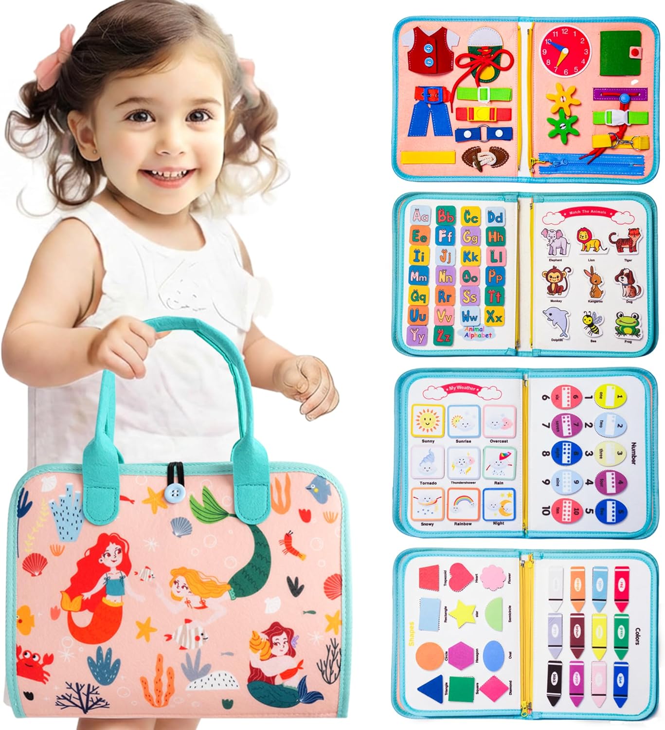 Teefrye Toddler Busy Board Montessori Toys for Toddlers 1-3 Year Old Educational Activity Book Board Sensory Travel Toys Ages 3-5 Preschool Learning Fine Motor Skills Toy Quiet Book Gift for Kids