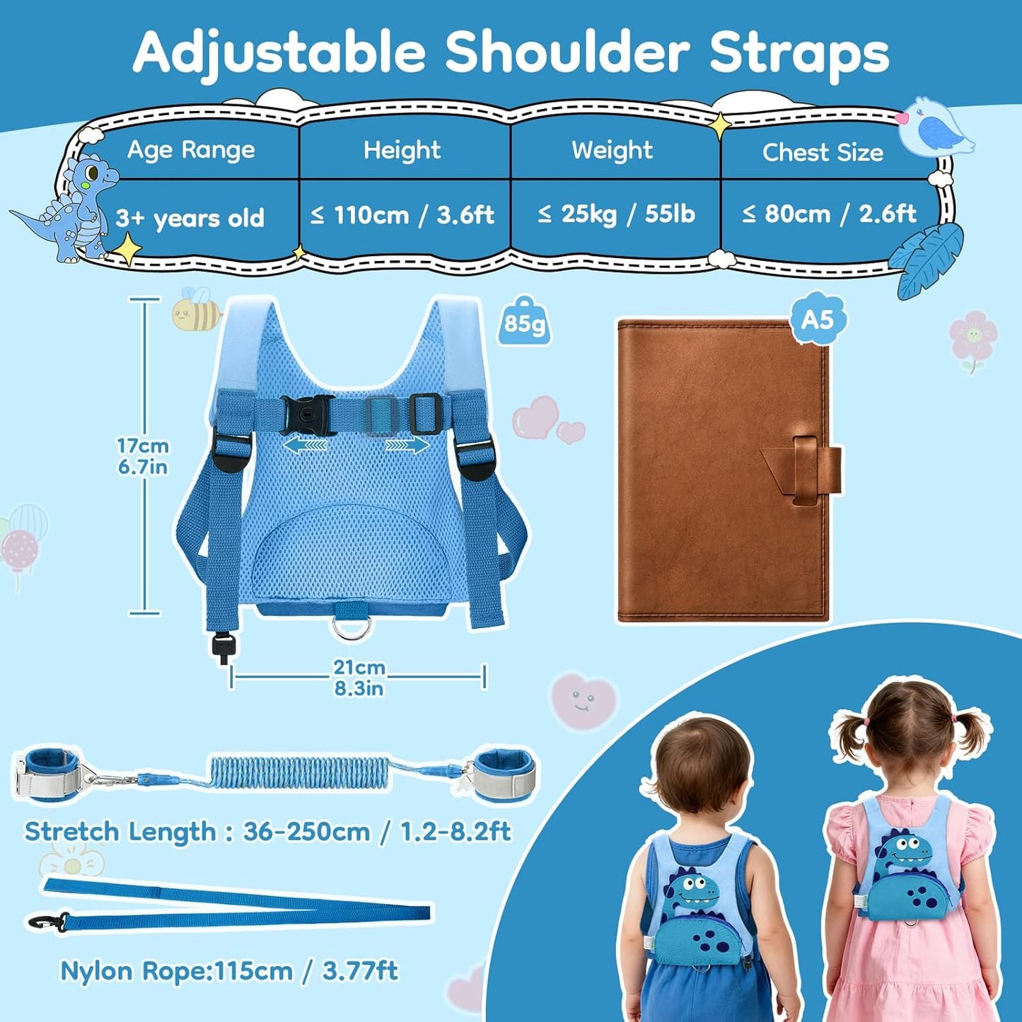 Dr.meter 3 in 1 Toddler Harness Leash + 8.2ft Anti Lost Wrist Link, Cute Dinosaur Kids Safety Harness Tether with Key Lock, Child Protective Leashes While Walking for Outdoor Activity Keep Kids Close