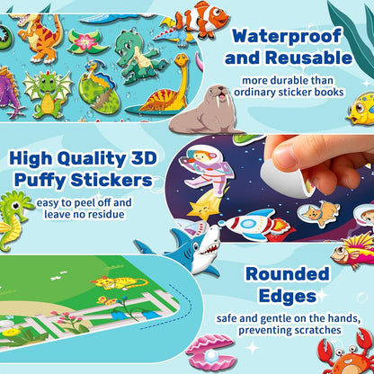 Elfew 2 Pack Puffy Sticker Books for Kids Ages 3-5, Construction Truck and Vehicle Car Stickers for Toddlers Boys, 3D Reusable Stickers Books for Toddlers, Activity Book for Boys Party
