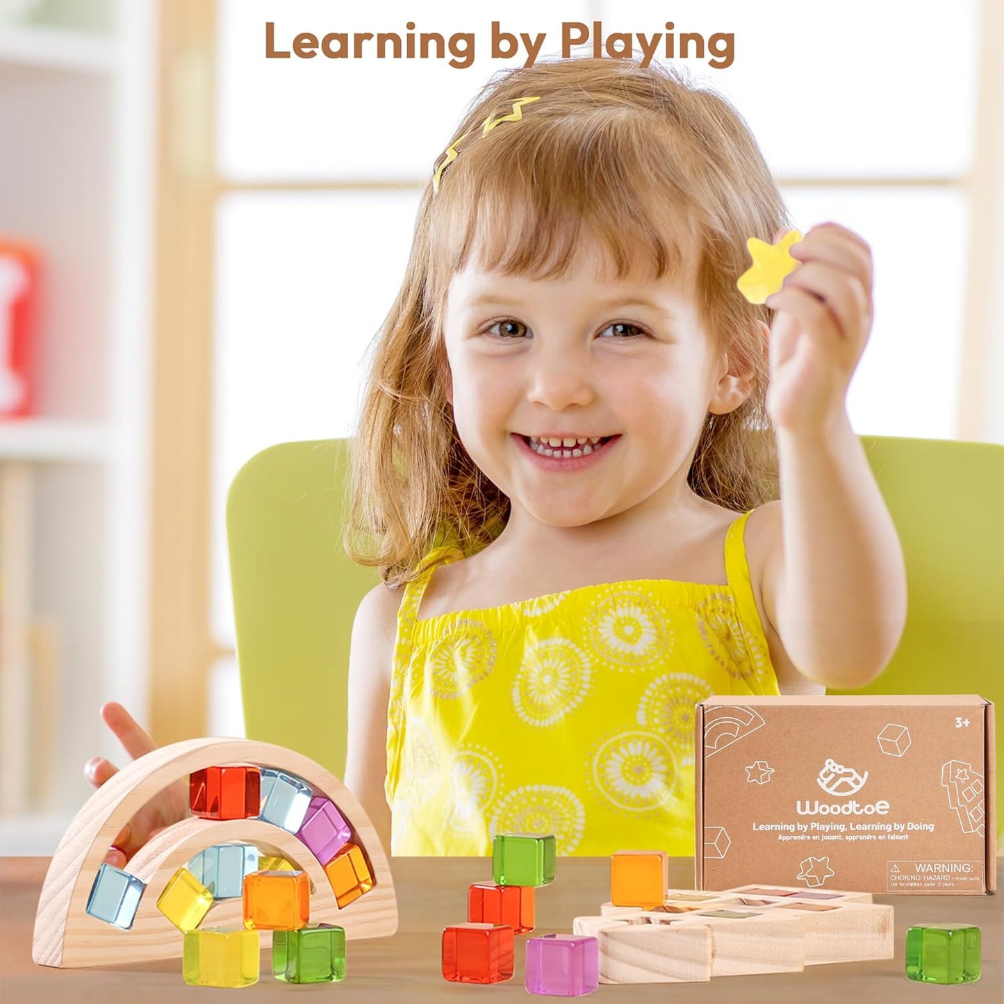 Woodtoe Wooden Building Blocks Set for Kids, 36 PCS Rainbow Acrylic Gem Blocks - 3 Wood House, Montessori Stacking Toy for Toddlers, Educational STEM Birthday Creative Toy Gift for Boys Girls 3-6