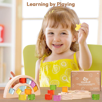 Woodtoe Wooden Building Blocks Set for Kids, 36 PCS Rainbow Acrylic Gem Blocks - 3 Wood House, Montessori Stacking Toy for Toddlers, Educational STEM Birthday Creative Toy Gift for Boys Girls 3-6