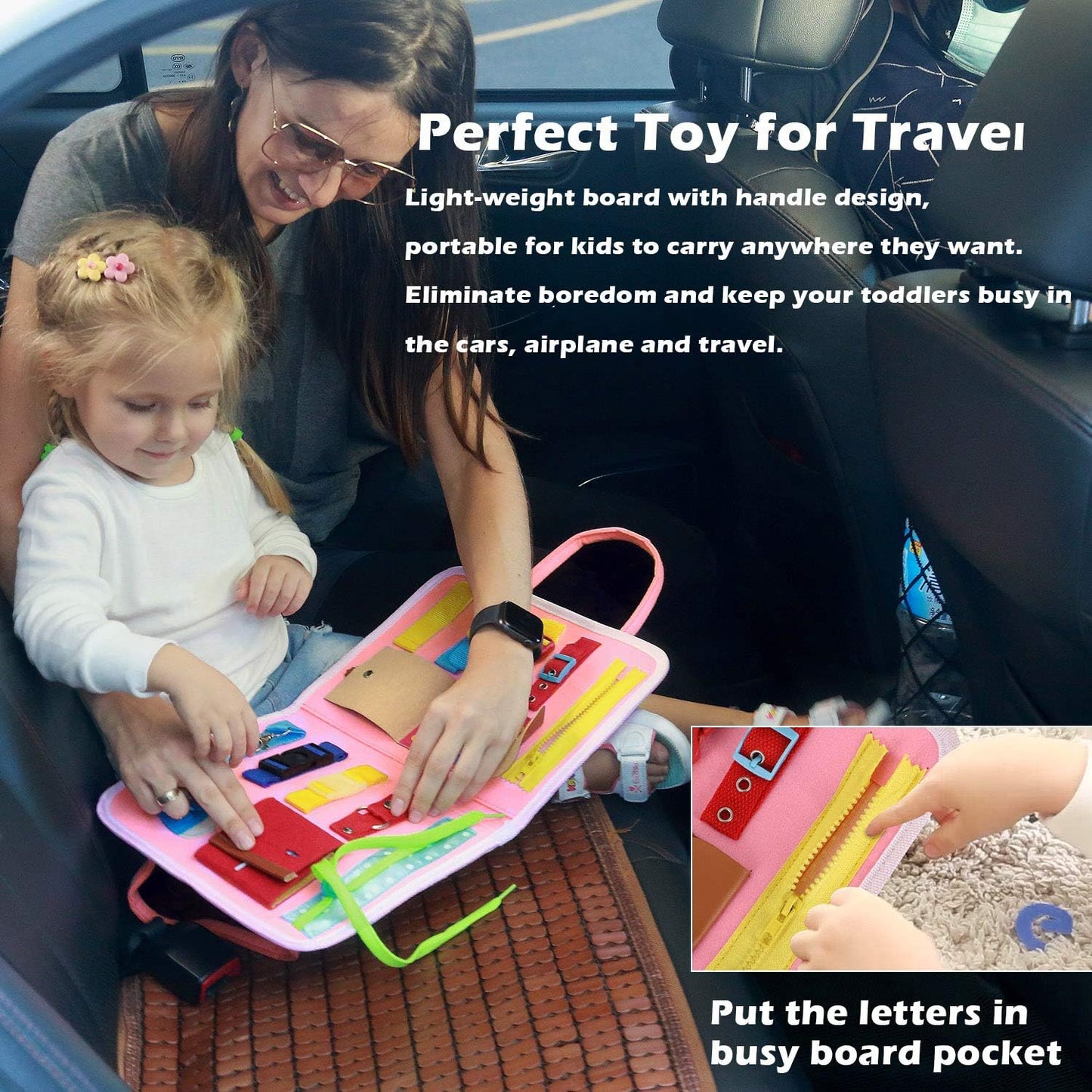 Esjay Toddler Busy Board Montessori Toys for Boys Girls, Sensory Book Educational Activities for Learning Fine Motor Skills, Birthday Gifts for Toddlers, Travel Toys for Airplane Car, White Dinosaur