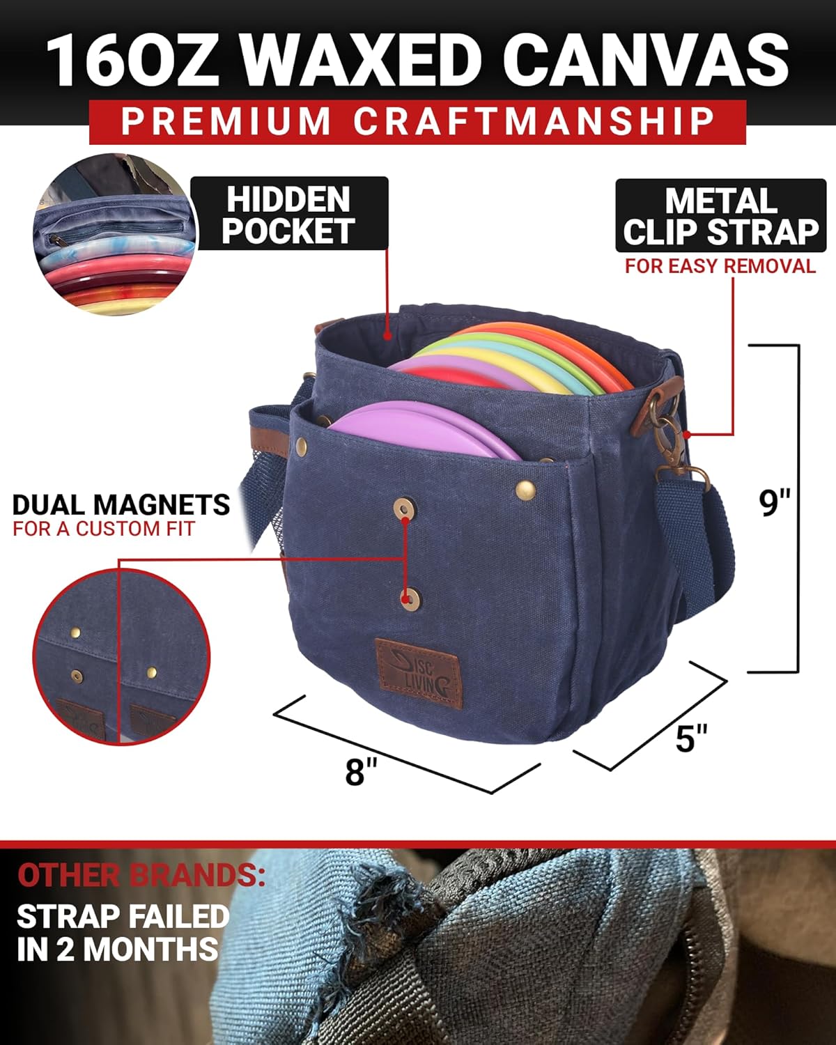Disc Golf Bag | Frisbee Golf Bag | Easy to Carry | Lightweight Fits Up to 10 Discs | 16 oz Waxed Canvas Sturdy Design | Belt Loop | Double Button Design | Bottle Holder