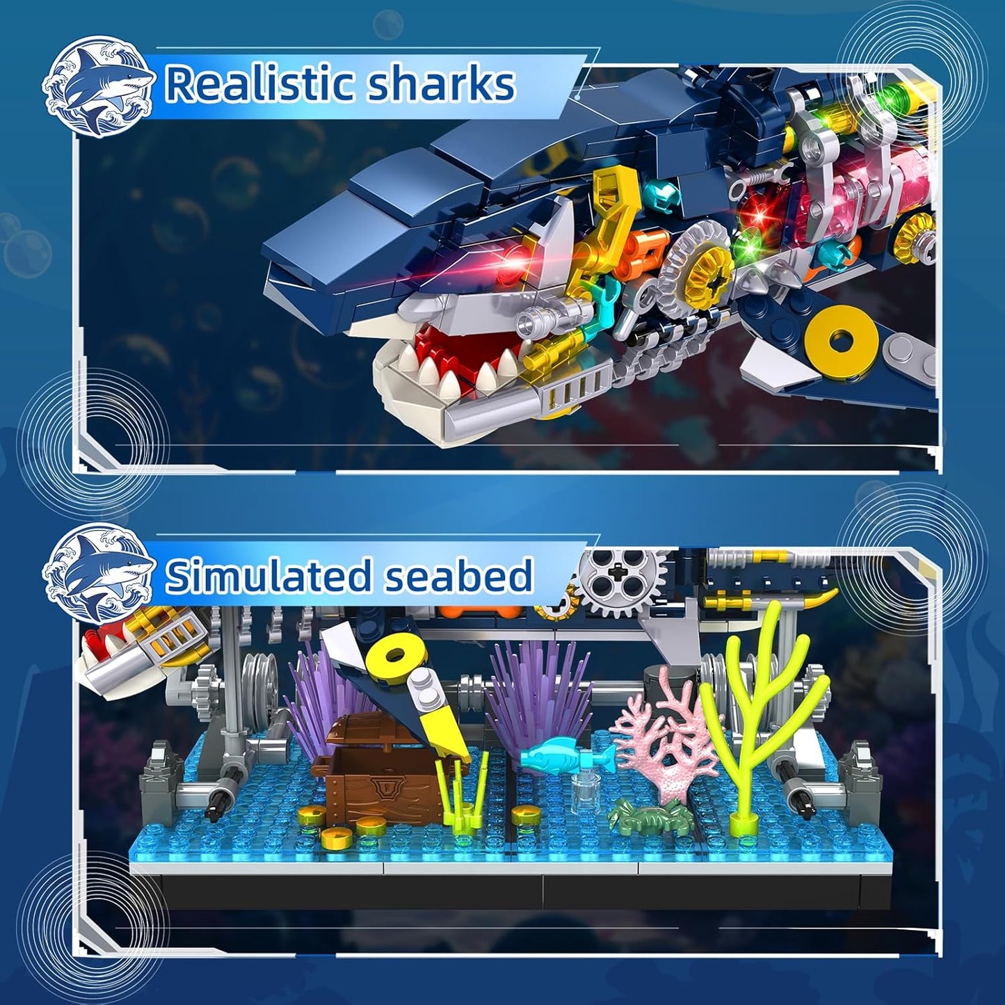Shark Building Block Set, Mechanical Rotatable Animal Shark Toys, Birthday Gifts for Kids Boys Girls Ages 6+, Shark Fish Building Home Office Decor