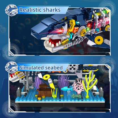 Shark Building Block Set, Mechanical Rotatable Animal Shark Toys, Birthday Gifts for Kids Boys Girls Ages 6+, Shark Fish Building Home Office Decor