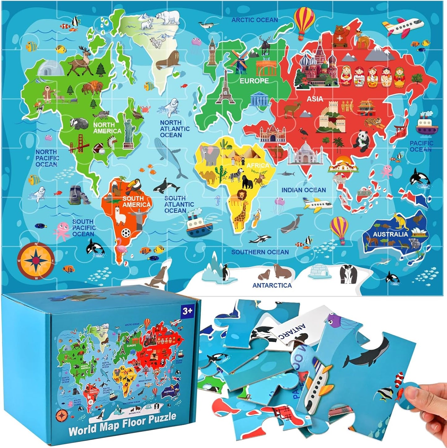 World Map Puzzle for Kids, Floor Puzzles for Kids Ages 4-8, 48 Pcs World Puzzle, Geography Preschool Learning Toys Gifts for Boys and Girls