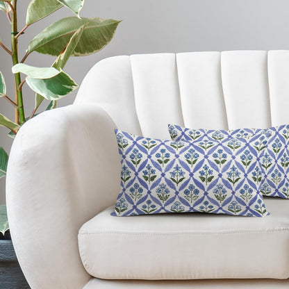 Blue Green Floral Block Print Pillow Covers 12X20 Set of 2, Flower Pattern Spring Summer Print Decorative Throw Pillow Covers Outdoor Farmhouse Seasonal Cushion Case Couch Sofa Bed Decor