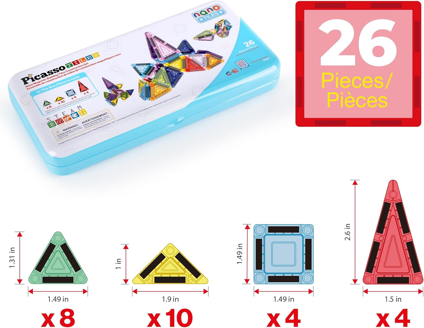 PicassoTiles 80 PCs Magnetic Tiles Travel Size Mini Version Building Block Construction Set for Kids Great Gift Ages 3+ Boys & Girls Preschool Kindergarten Montessori Playing Toys Stacking Fun PTM80