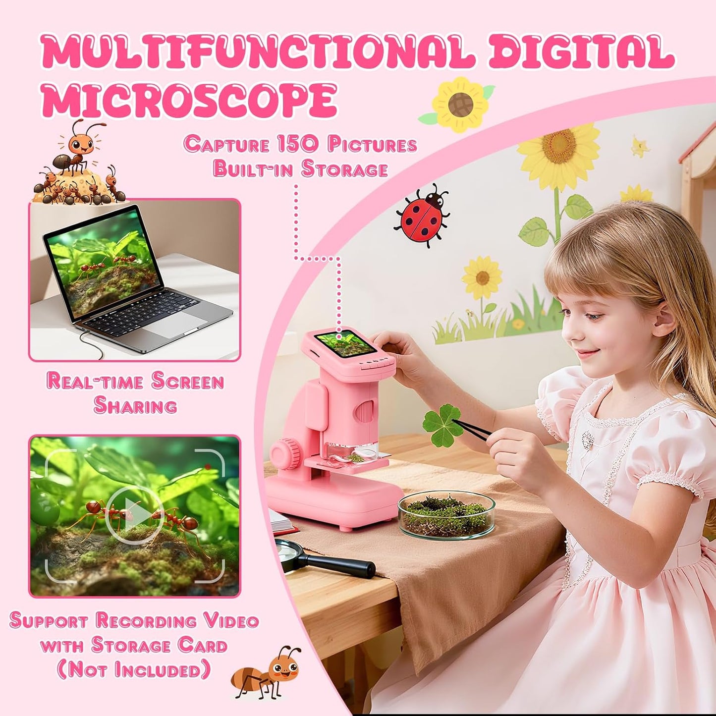 1200X Microscope for Kids, 2 in 1 Handheld & Desktop Digital Microscope with 9 Slides Science Kit, Portable Microscope HD Screen Video Record, STEM Educational Toys Gifts for Ages 3-12 Boys Girls