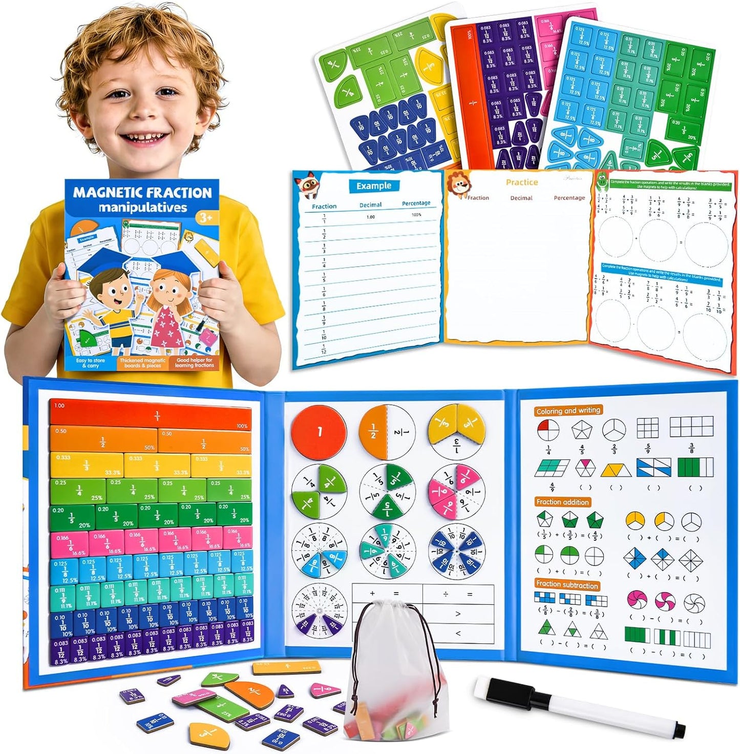 Magnetic Fraction Tiles & Circles Montessori Set for Elementary Kids - Hands-On Math Manipulatives with Activity Book - Learn Fractions, Decimals, Percentages