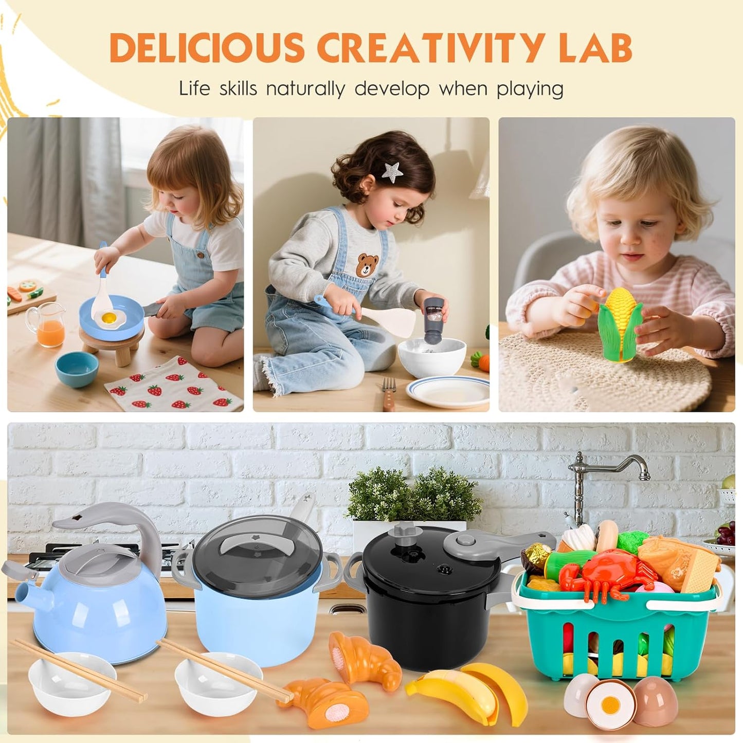 130Pcs Kitchen Playset, Toddler Pretend Cooking Play Pots, Pans, Utensils Cookware, Daily Food Fruit Veges, Shopping Storage Basket, Dessert, Prop Money, Learning Gift for Child (Pink)