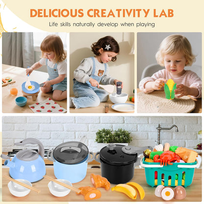 130Pcs Kitchen Playset, Toddler Pretend Cooking Play Pots, Pans, Utensils Cookware, Daily Food Fruit Veges, Shopping Storage Basket, Dessert, Prop Money, Learning Gift for Child (Pink)