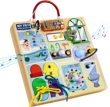 Busy Board Montessori Toys for Toddler 1-3 Year Old, Wooden Sensory Board with LED Light Switches,Bathroom Theme Travel Toys for 1+ Year Old Boy & Girl Birthday Gift