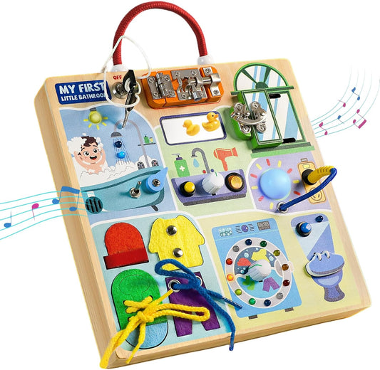 Busy Board Montessori Toys for Toddler 1-3 Year Old, Wooden Sensory Board with LED Light Switches,Bathroom Theme Travel Toys for 1+ Year Old Boy & Girl Birthday Gift