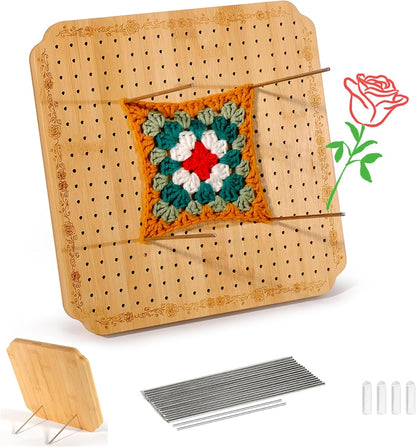 CraftyManor 7.6 in Blocking Boards for Crochet Projects with Rose Pattern, Crochet Blocking Board with Pegs, Granny Square Blocking Board with 20 Stainless Steel Pegs, Bamboo