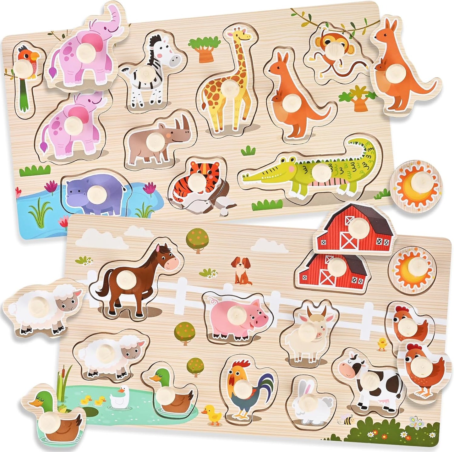 Wooden Peg Puzzles for Toddlers 1-3, 2 Pcs Montessori Puzzles, Animal & Sea Themes Puzzles, Great Preschool Educational Learning Gifts for Girls and Boys