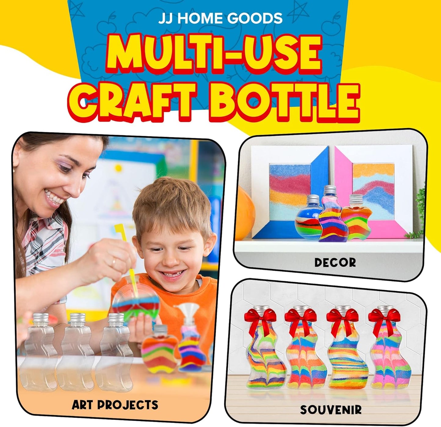 JJ CARE Sand Art Bottles [12 Wave-Shaped Sand Bottles + 6 Small & 6 Large Funnels] Craft Sand Art Kit for Kids 3 Years Above, Non-Toxic Rangoli Color Art Bulk