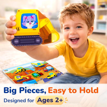 Lucas & Friends Wooden Construction Vehicle Peg Puzzle for Toddlers 2-4, 7-Piece Montessori Matching Board, Extra-Thick Easy-Grip Trucks,Preschool Learning Toy - 12”x 9”