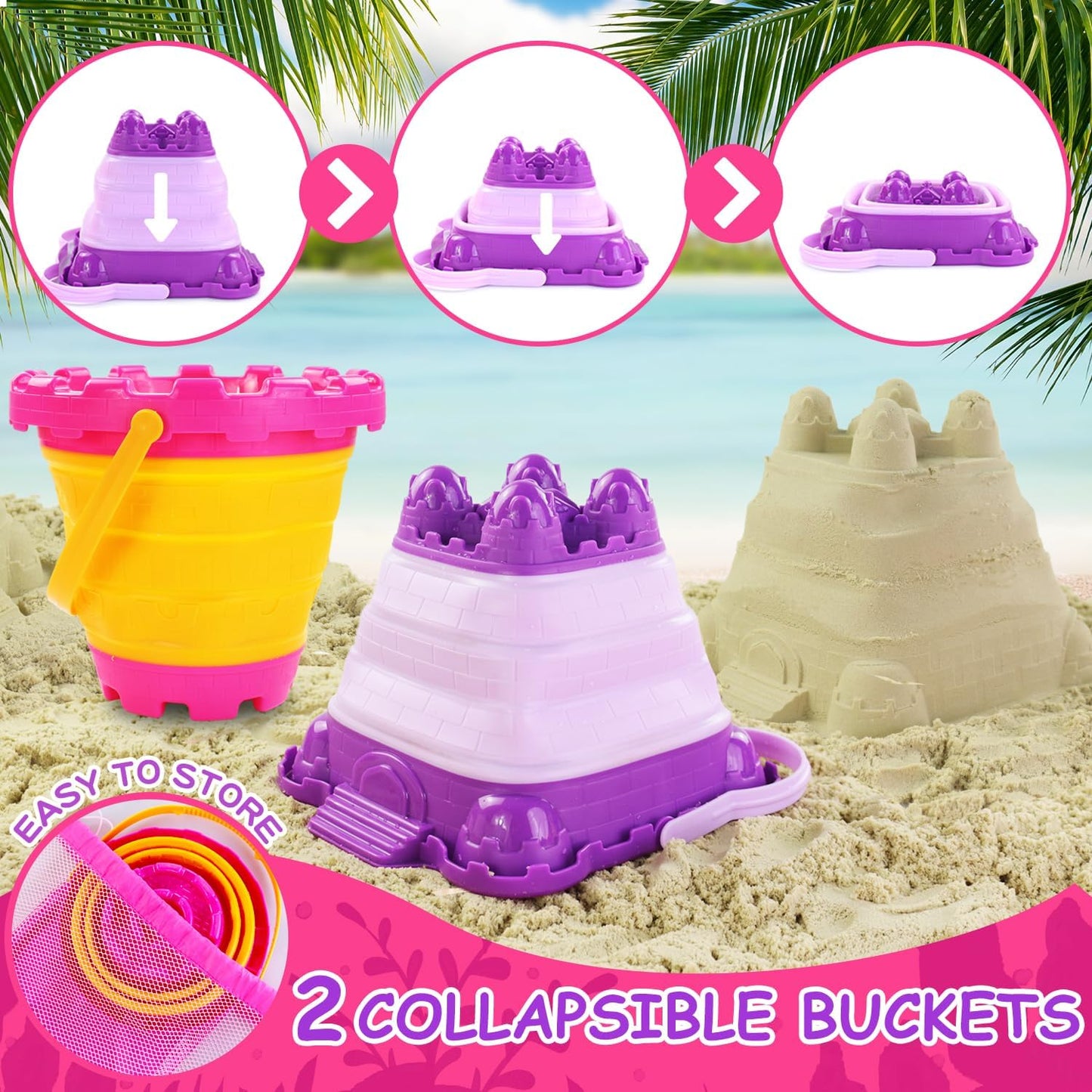 Elovien Beach Sand Toys, Large Dump Truck with Bucket, Sandbox Construction Toy Sand Castle Building Kit with Mesh Bag, Sand Molds, Shovels, Worker Figures, Kids Toddlers Summer Outdoor Travel Toys