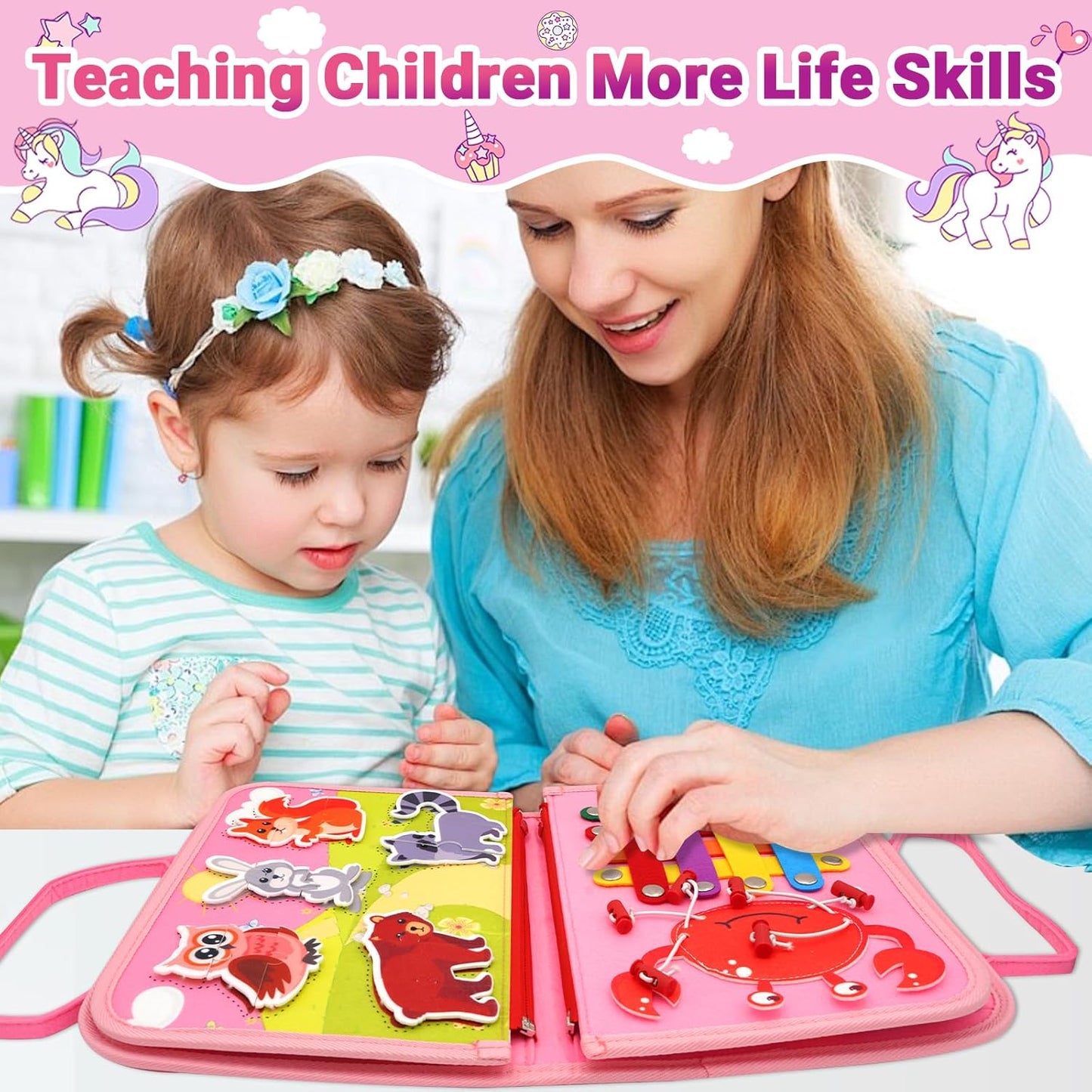 MEGRANATE Montessori Busy Board, Baby Busy Book Educational Learning Toys for Toddlers Quiet Book Activity Books Buckle Toy Fine Motor Skills Toys for 3+ Year Old Kids (Blue)