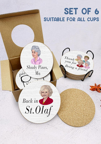 Golden Girls TV Show Merchandise,6 PCS Cork Coasters for Drinks,Funny Set with Coasters Holder,Golden Girls Fans Clean Dirty Dishwasher Magnet,Refrigerator Sign Kitchen Decor Gifts