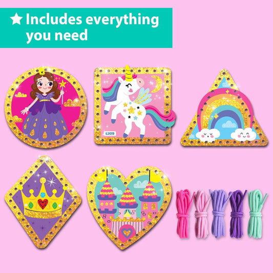 EZCRA Premium Lacing Cards for Kids Ages 3-6 | 5 Double-Sided Unicorn Princess Cards | Multilingual Learning Preschool Fine Motor Skills Educational Activity