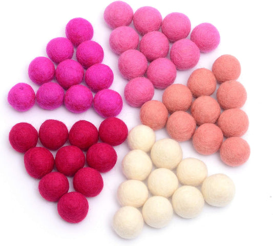 Glaciart One Wool Felt Balls (50 Pieces) 2.5 Centimeters - 1 Inch, Handmade Felted 5 Valentines Colors (Baby Pink, Medium Pink, Magenta and More) - Bulk Small Puff for Felting and Garland