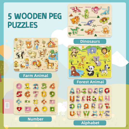 Wooden Peg Puzzle for Toddlers 2-4, 5 Pack Montessori Toys Learning Educational Puzzles for Kids Girls Boys 2 3 4 Yesrs Old with Dinosaurs Farm Animal Number
