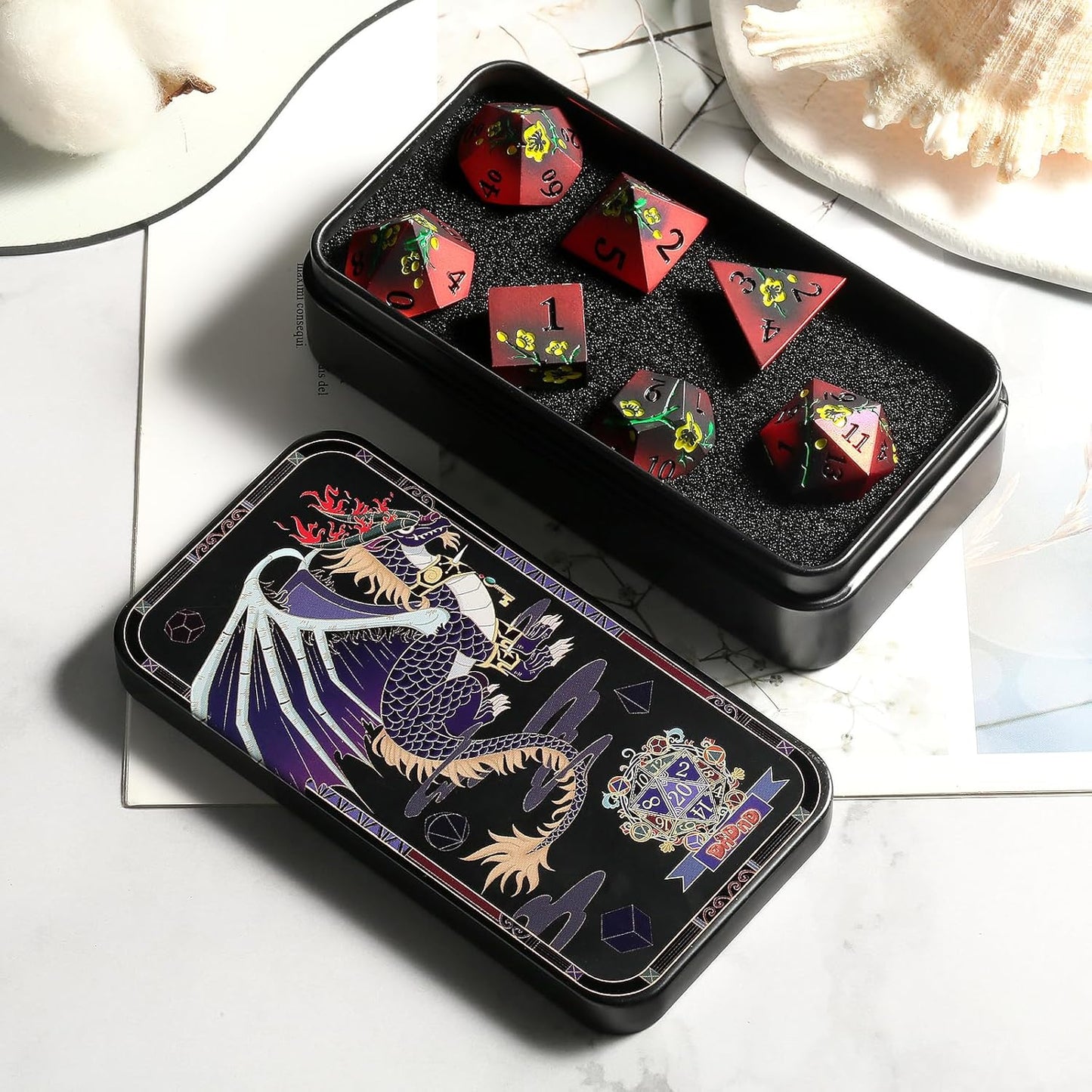 DnDnD Heavy Polyhedral Metal Dice Set with Metal Box, 7-die Shiny Blue Surface with Golden Number for RPG,Dungeons and Dragons,Pathfinder,Shadowrun,D&D,Role Palying Game and Math Teaching - Colors B